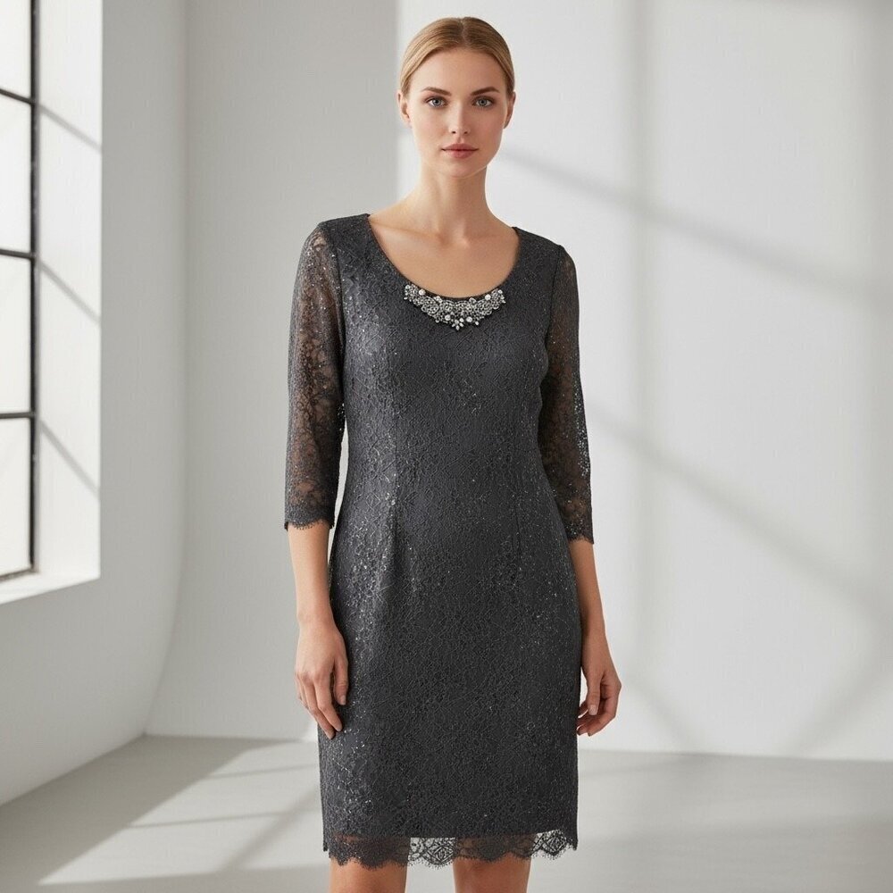 Velvet by Graham & Spencer Gray Lace Beaded Embellished Dress Size Small